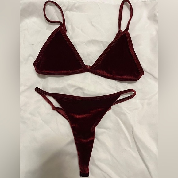 Cami Velvet String Thong Bikini Set - Burgundy - Picture 3 of 10